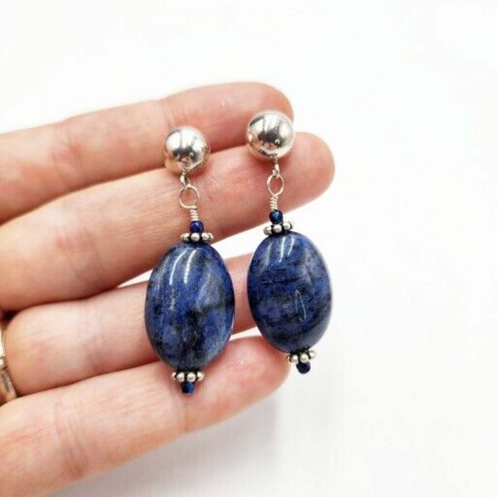Vintage Large Blue Real Sodalite Drop Earrings Sterling Silver Artisan Handmade